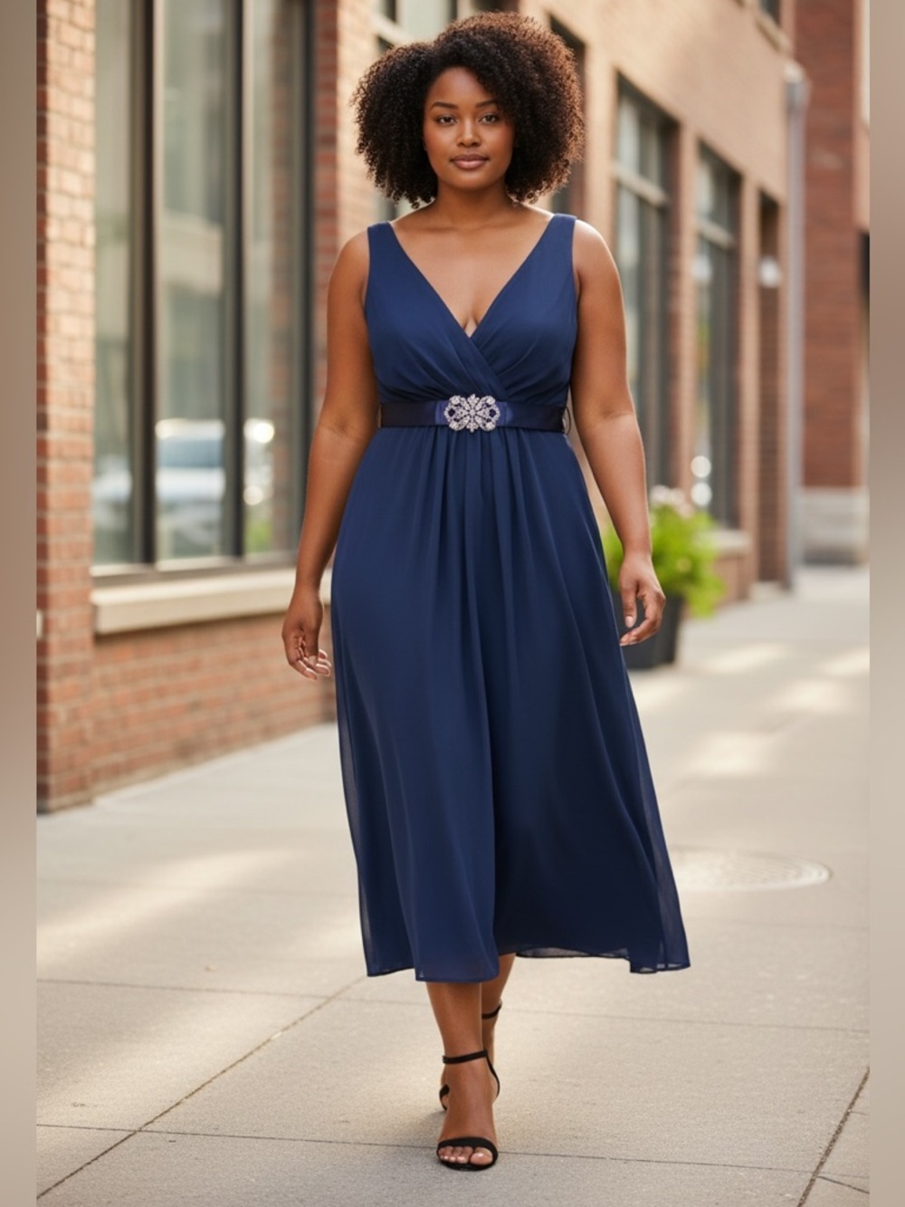 Scarlett Nite Navy Blue Plunge V-Neck Maxi Dress with Satin Waistband